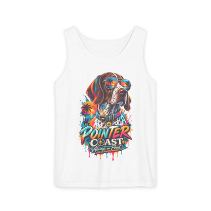 Comfort Colors Pointer Coast Tank Top, Surf Dog Graphic, Tropical Sunset Shirt, Beachwear