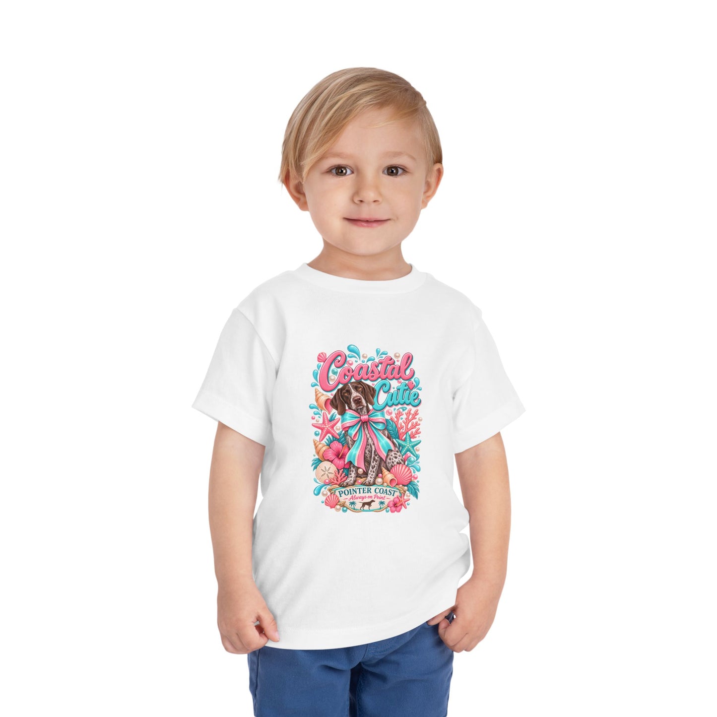 Coastal Cutie Beach Puppy Toddler Tee, Ocean Graphic Shirt, Pointer Dog, Summer Kids Top