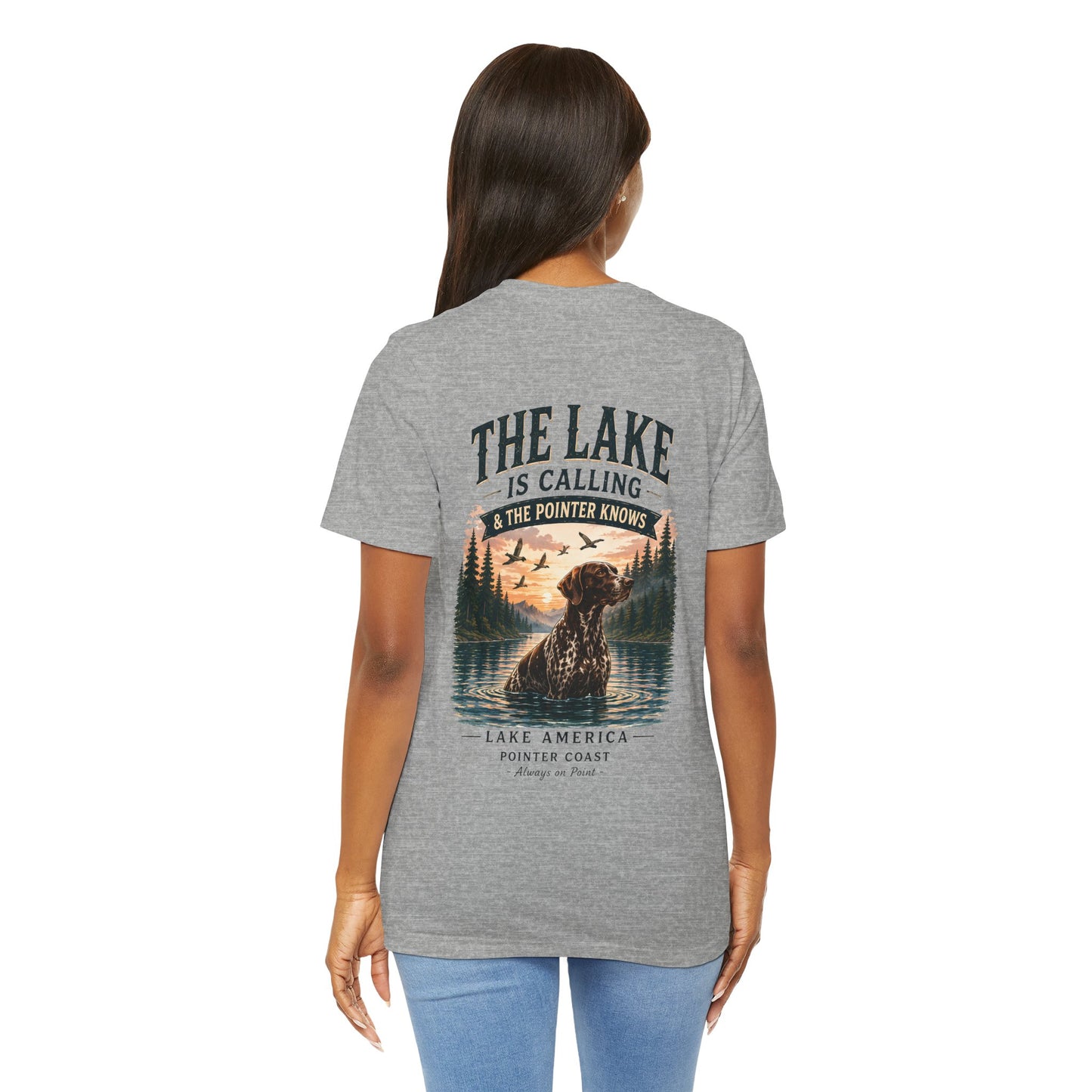 Lake Is Calling Pointer Dog T-Shirt, Outdoor Graphic Tee, Bird Hunter Gift, Cabin Apparel