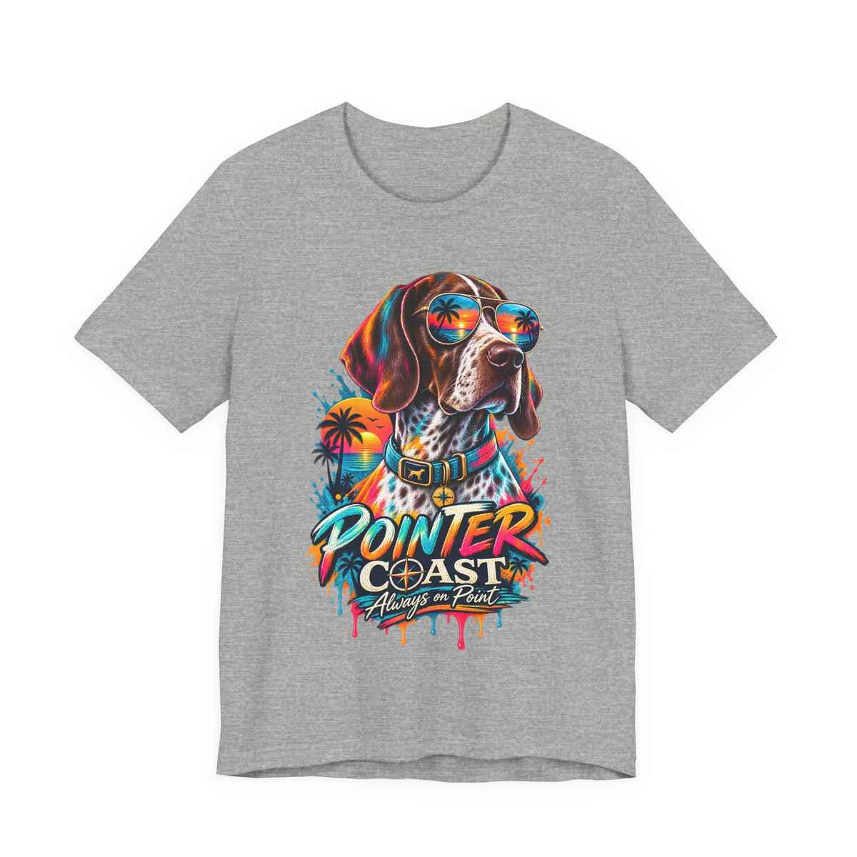 Pointer Coast Retro Dog Graphic Tee, Bella Canvas 3001, Tropical Sunset Shirt, Pet Lover Gift
