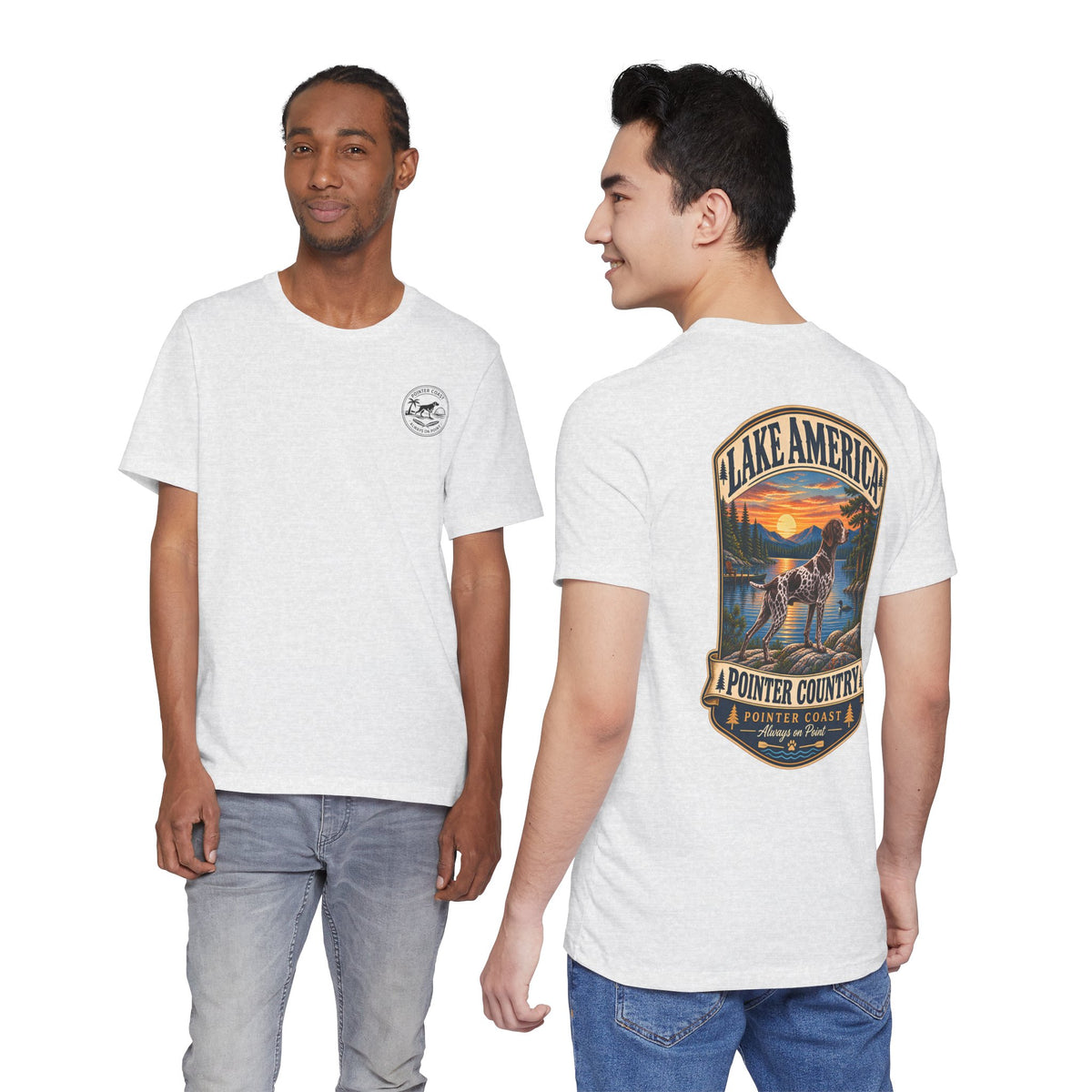 Pointer Country Lake America T Shirt, Hunting Dog Tee, Outdoorsman Gift, Scenic Back Print