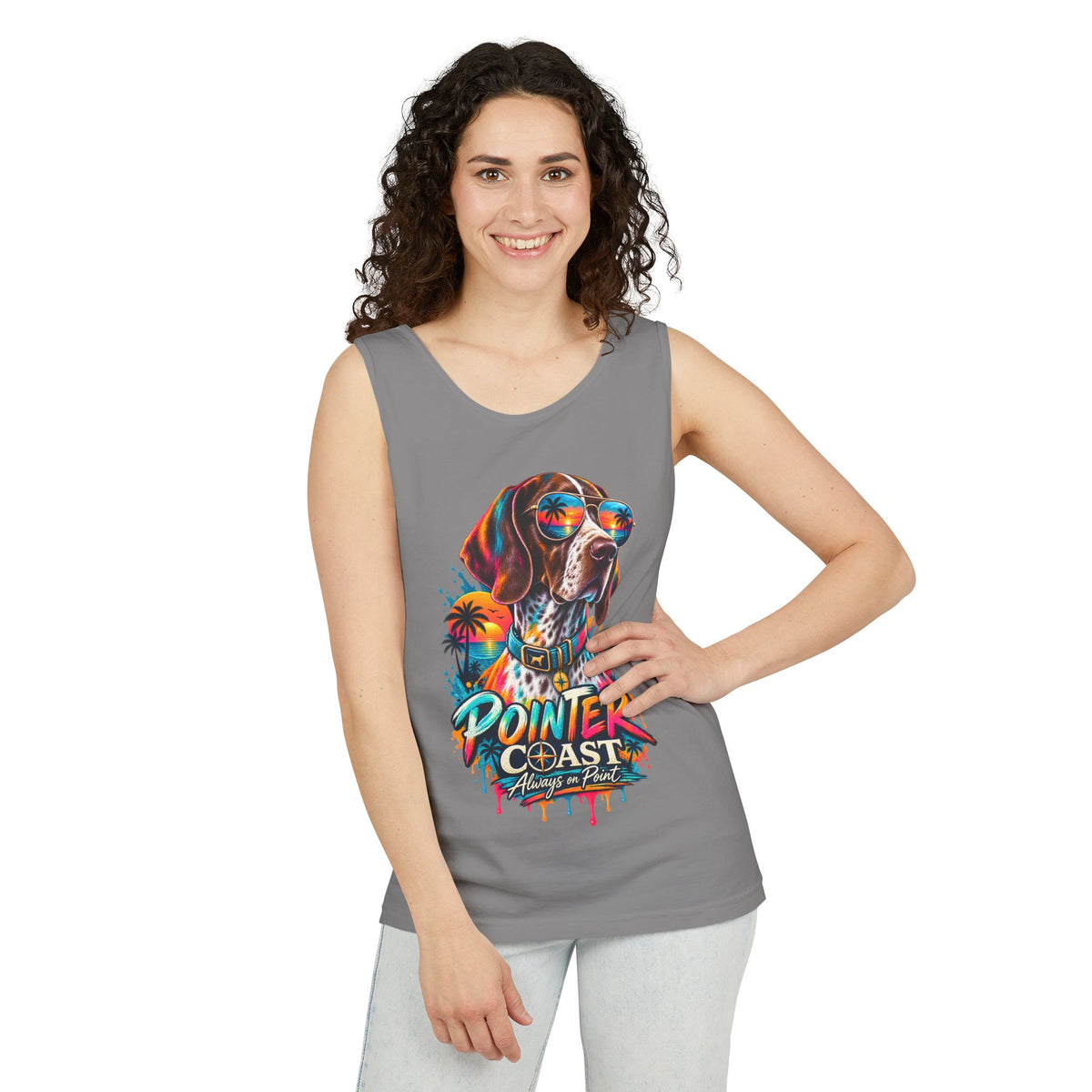 Comfort Colors Pointer Coast Tank Top, Surf Dog Graphic, Tropical Sunset Shirt, Beachwear