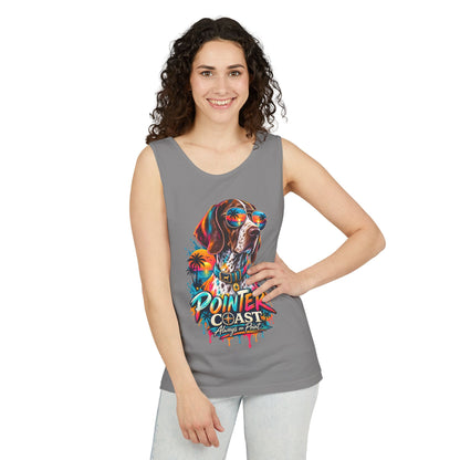 Comfort Colors Pointer Coast Tank Top, Surf Dog Graphic, Tropical Sunset Shirt, Beachwear
