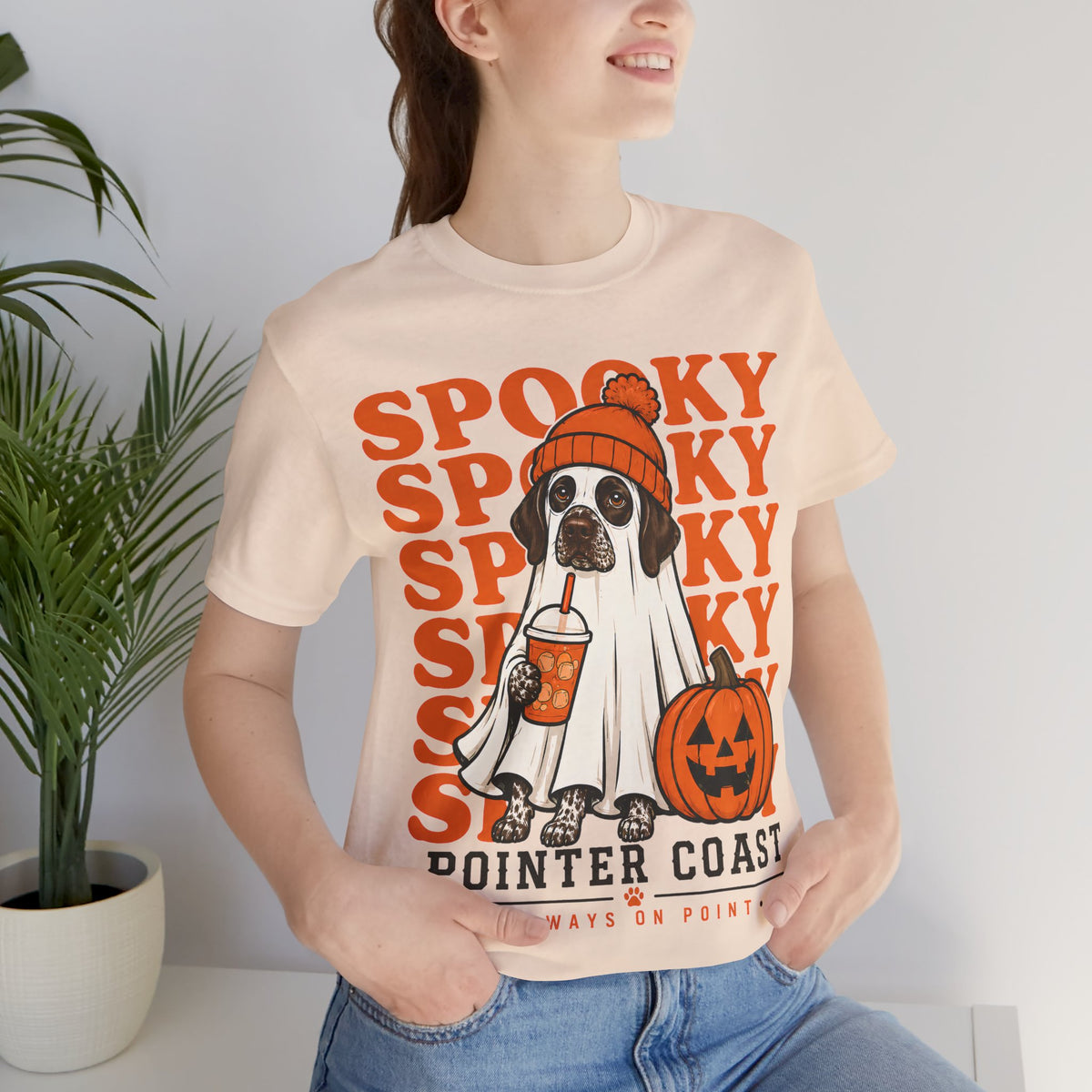 Spooky Pointer Coast Halloween Tee, Ghost Dog Graphic, Pumpkin Shirt, Bella Canvas 3001