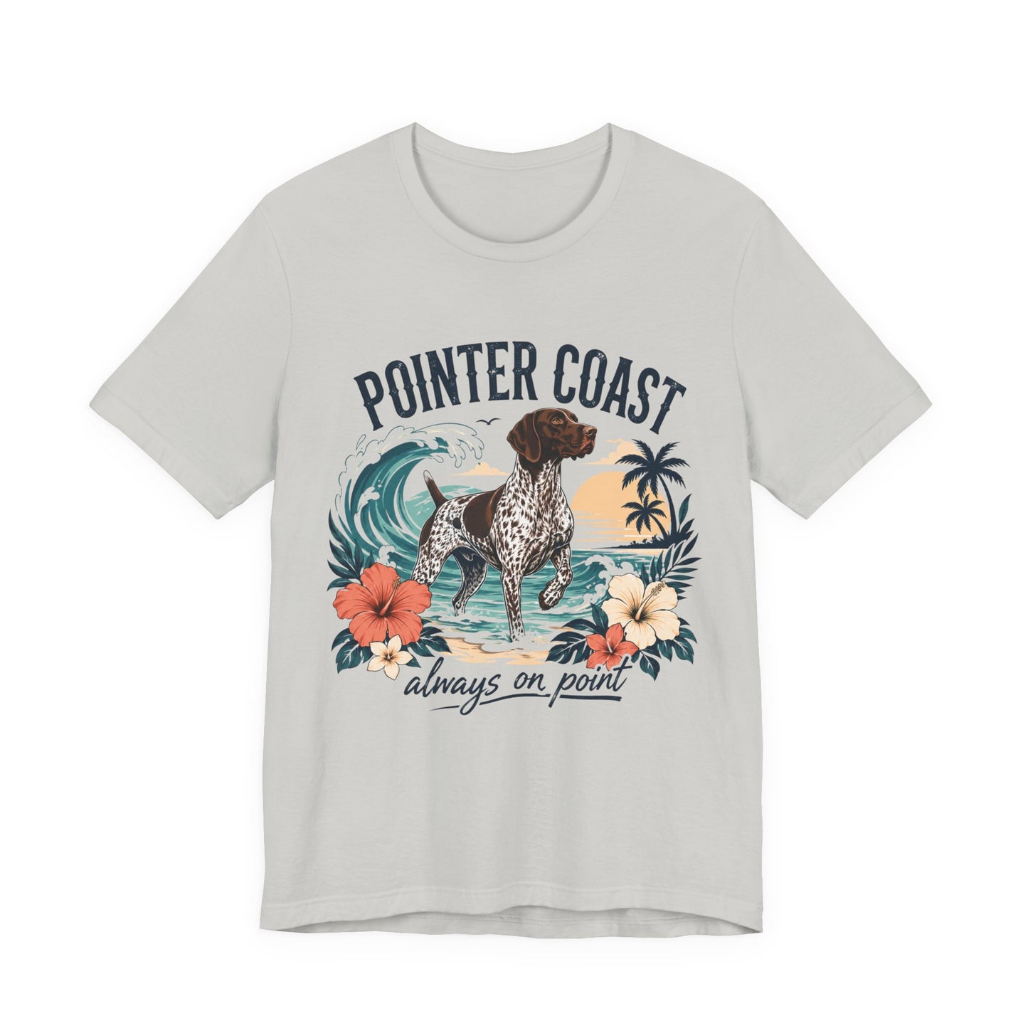 Pointer Coast Dog Graphic Tee Shirt, Bella Canvas 3001, Tropical Beach Art, Unisex Crewneck