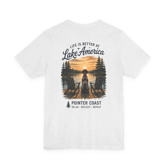 Lake America Sunset Graphic Tee, Pointer Dog Shirt, Lakeside Vacation Apparel