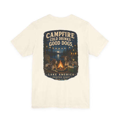 Campfire Lake Graphic T Shirt, Cold Drinks, Good Dogs, Outdoor Lover Gift, Rustic Cabin Apparel