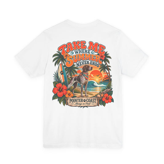 Pointer Dog Beach Graphic T Shirt, Bella Canvas 3001, Tropical Sunset, Unisex Summer Tee