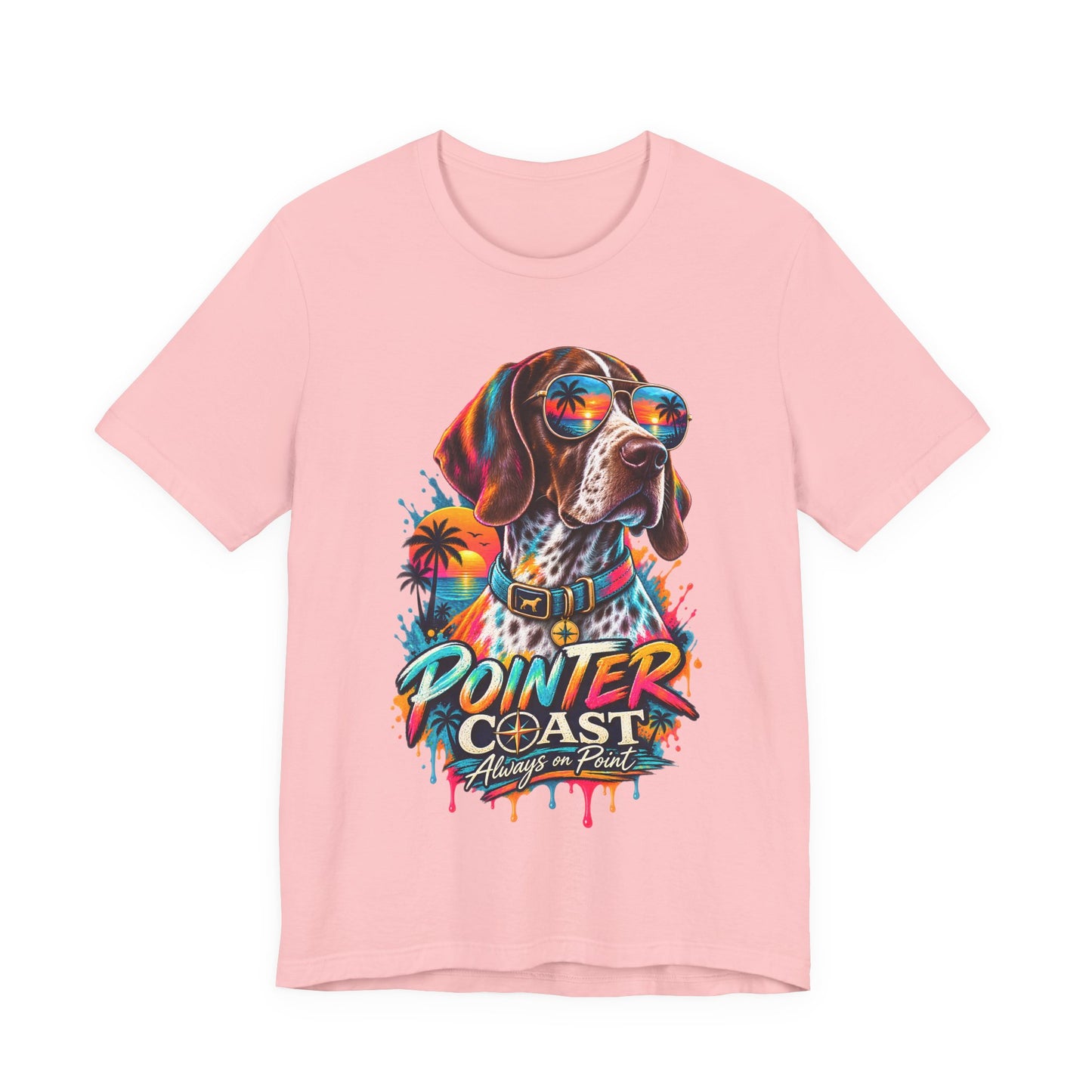 Pointer Coast Retro Dog Graphic Tee, Bella Canvas 3001, Tropical Sunset Shirt, Pet Lover Gift