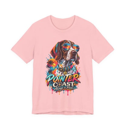 Pointer Coast Retro Dog Graphic Tee, Bella Canvas 3001, Tropical Sunset Shirt, Pet Lover Gift