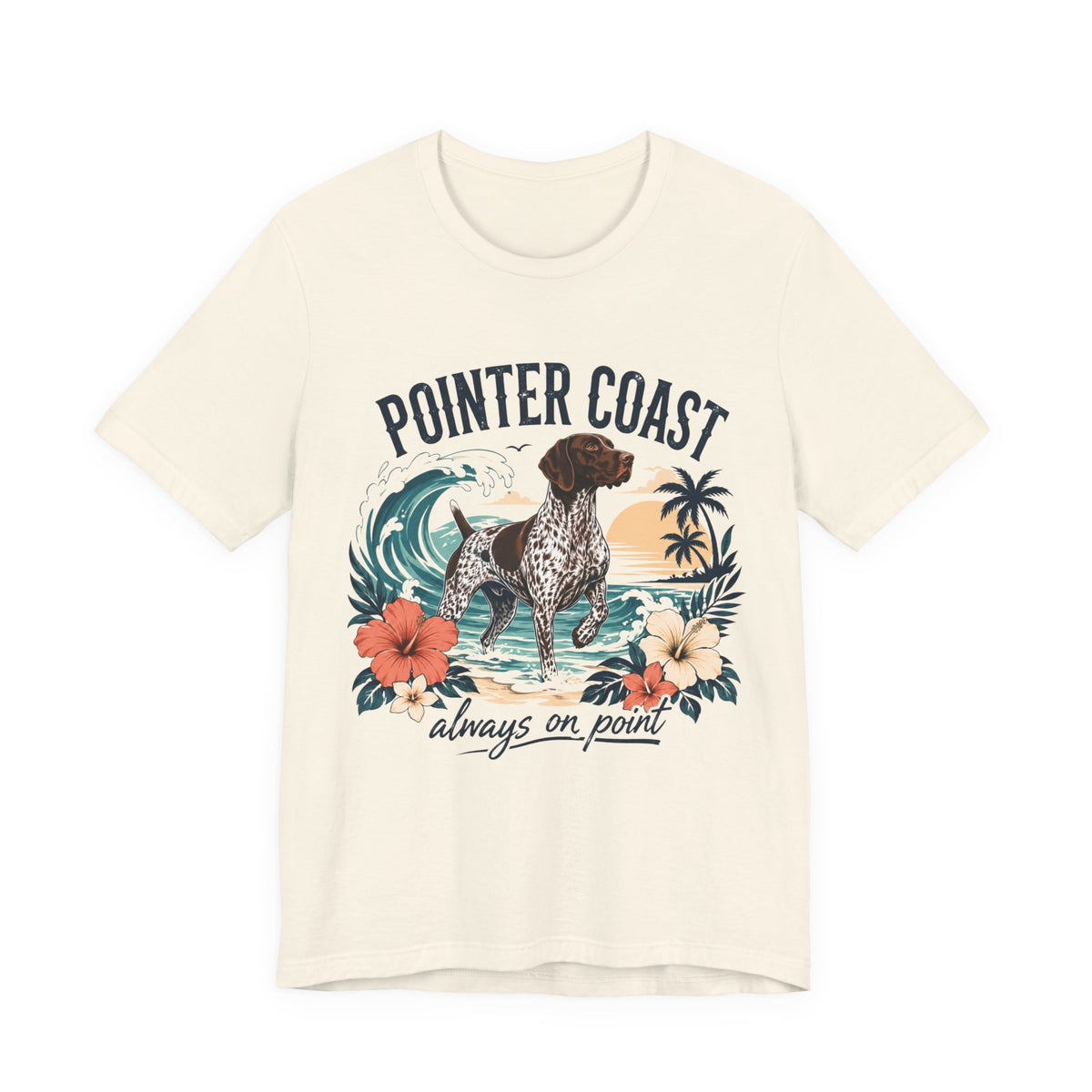 Pointer Coast Dog Graphic Tee Shirt, Bella Canvas 3001, Tropical Beach Art, Unisex Crewneck