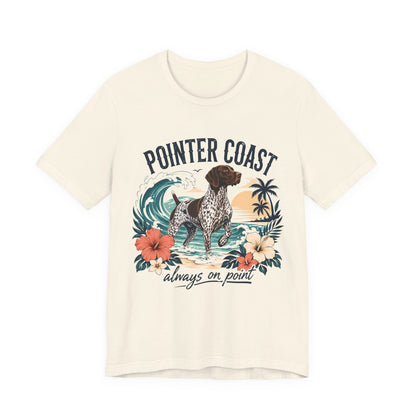 Pointer Coast Dog Graphic Tee Shirt, Bella Canvas 3001, Tropical Beach Art, Unisex Crewneck