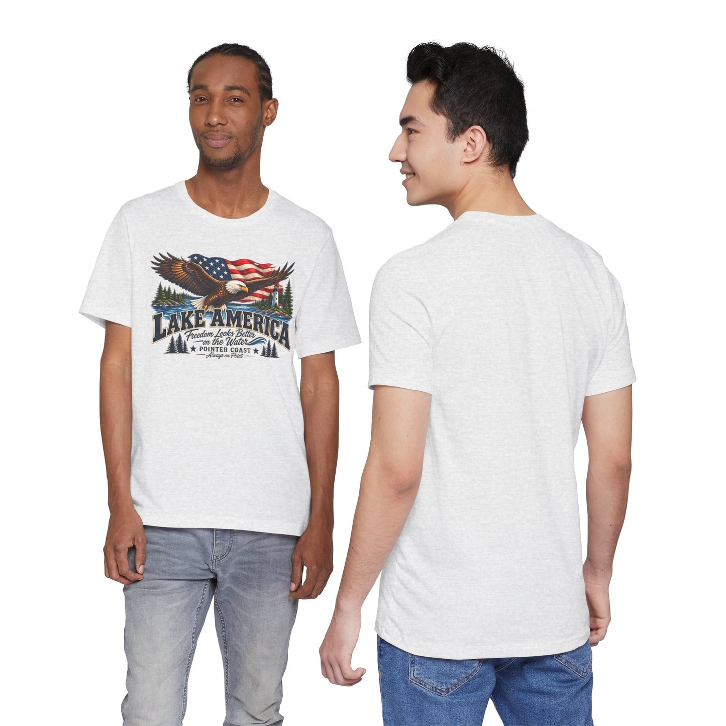 Lake America Eagle Graphic T Shirt, Patriotic Outdoor Tee, American Flag, Coastal Adventure