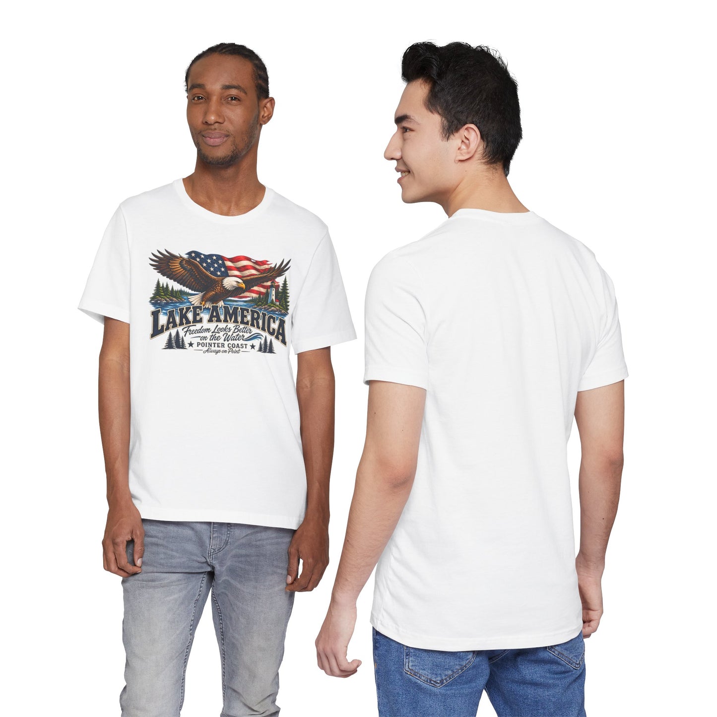 Lake America Eagle Graphic T Shirt, Patriotic Outdoor Tee, American Flag, Coastal Adventure