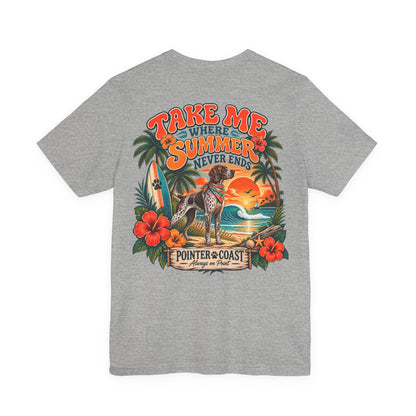 Pointer Dog Beach Graphic T Shirt, Bella Canvas 3001, Tropical Sunset, Unisex Summer Tee