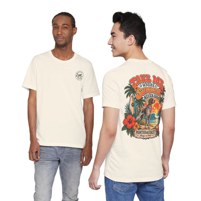 Pointer Dog Beach Graphic T Shirt, Bella Canvas 3001, Tropical Sunset, Unisex Summer Tee