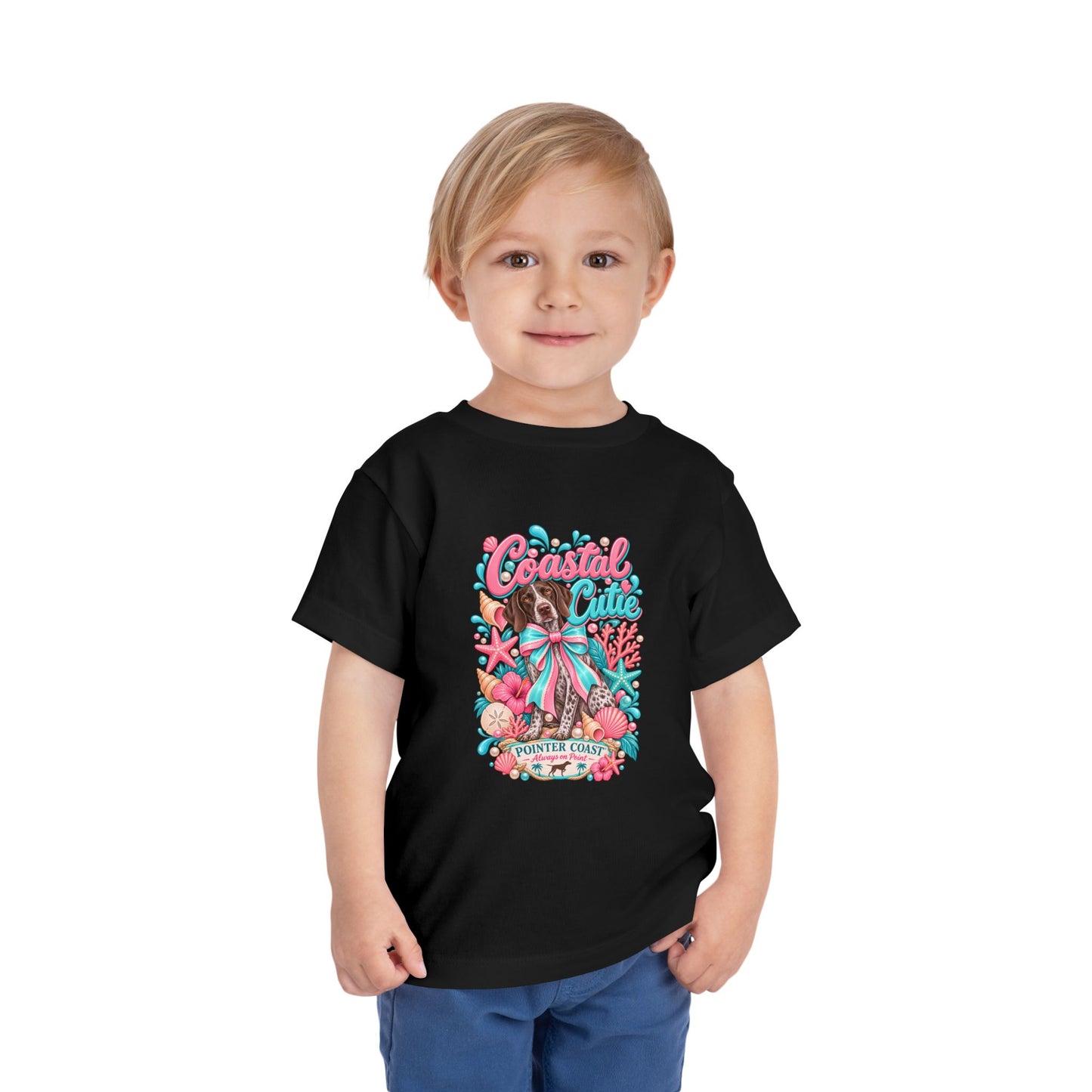 Coastal Cutie Beach Puppy Toddler Tee, Ocean Graphic Shirt, Pointer Dog, Summer Kids Top