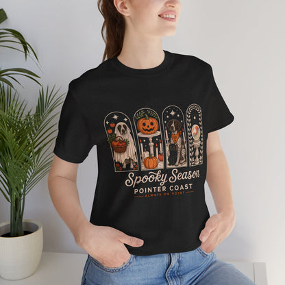 Spooky Season Pointer Coast Tee, Bella Canvas 3001, Halloween Dog Shirt, Pumpkin Graphic