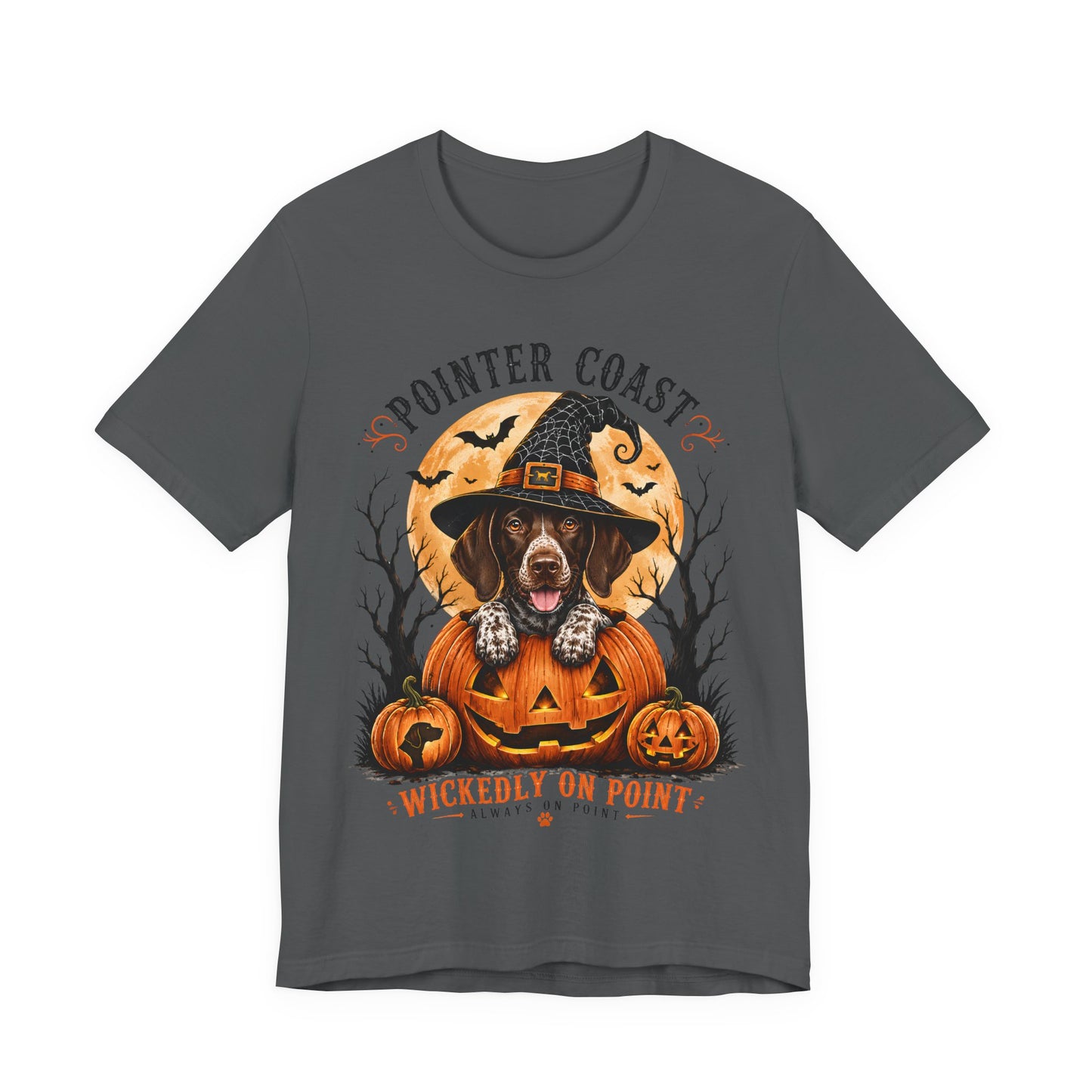 Halloween Pointer Dog Graphic T-Shirt, Bella Canvas 3001, Pumpkin Witch, Spooky Pet Lover Gift