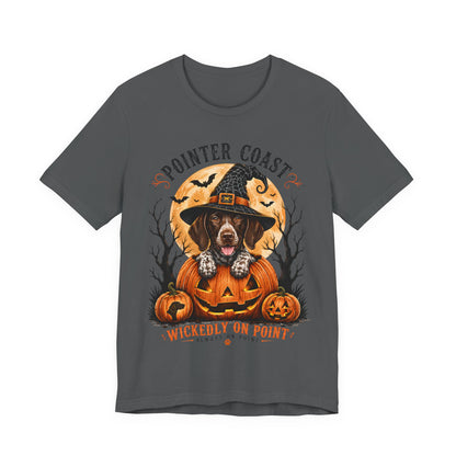 Halloween Pointer Dog Graphic T-Shirt, Bella Canvas 3001, Pumpkin Witch, Spooky Pet Lover Gift