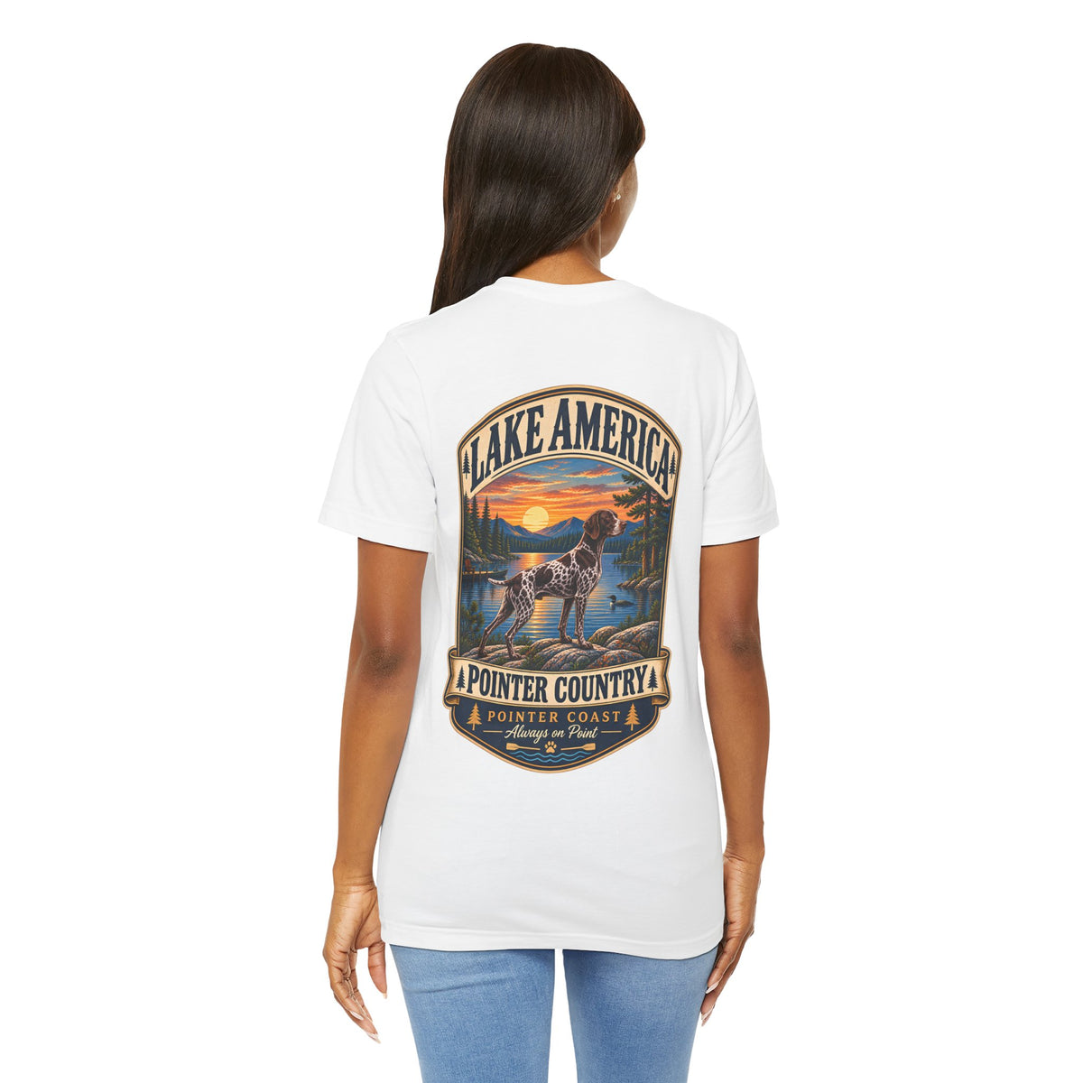 Pointer Country Lake America T Shirt, Hunting Dog Tee, Outdoorsman Gift, Scenic Back Print