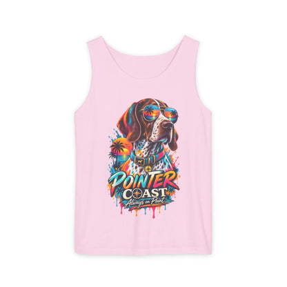 Comfort Colors Pointer Coast Tank Top, Surf Dog Graphic, Tropical Sunset Shirt, Beachwear