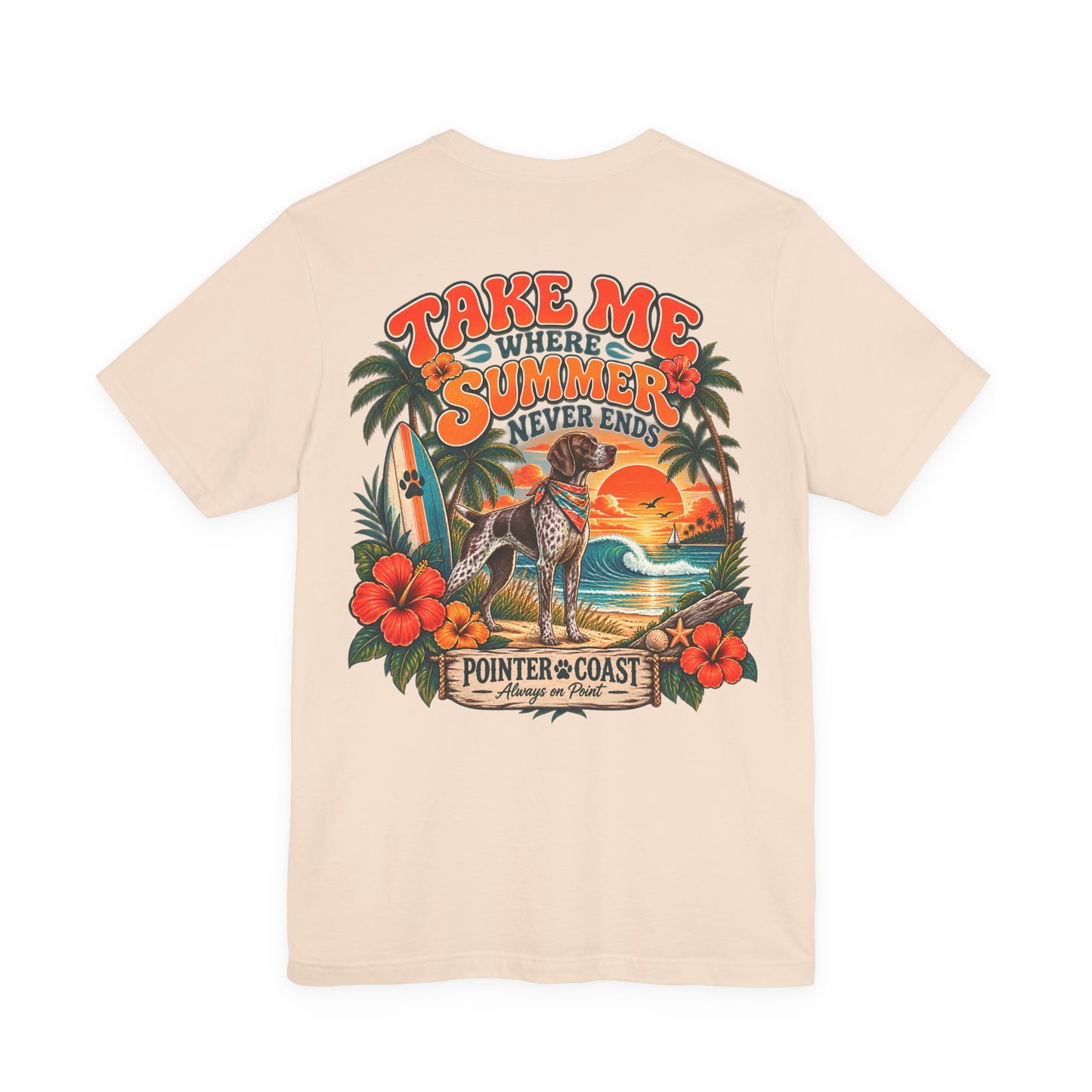 Pointer Dog Beach Graphic T Shirt, Bella Canvas 3001, Tropical Sunset, Unisex Summer Tee