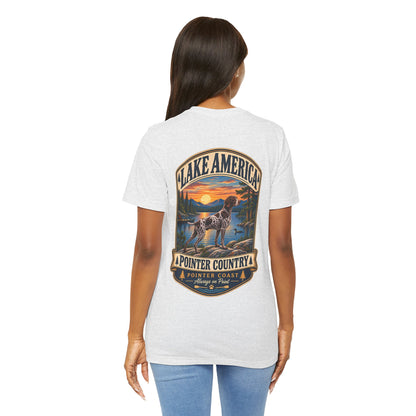 Pointer Country Lake America T Shirt, Hunting Dog Tee, Outdoorsman Gift, Scenic Back Print