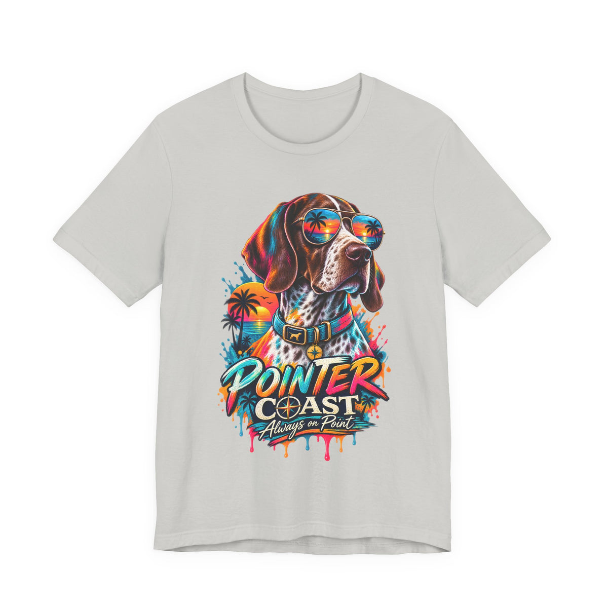 Pointer Coast Retro Dog Graphic Tee, Bella Canvas 3001, Tropical Sunset Shirt, Pet Lover Gift