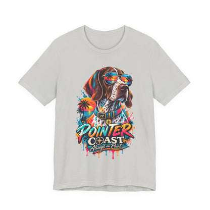Pointer Coast Retro Dog Graphic Tee, Bella Canvas 3001, Tropical Sunset Shirt, Pet Lover Gift