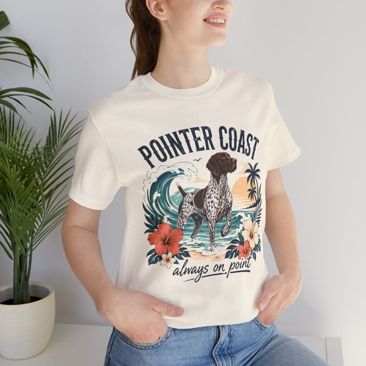 Pointer Coast Dog Graphic Tee Shirt, Bella Canvas 3001, Tropical Beach Art, Unisex Crewneck