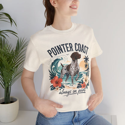 Pointer Coast Dog Graphic Tee Shirt, Bella Canvas 3001, Tropical Beach Art, Unisex Crewneck
