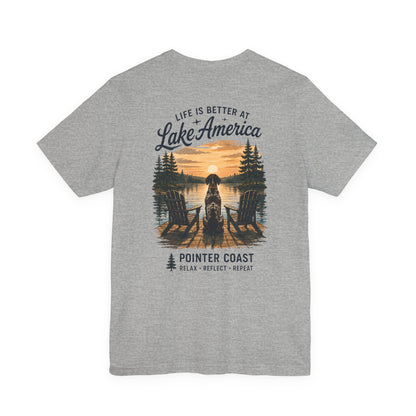 Lake America Sunset Graphic Tee, Pointer Dog Shirt, Lakeside Vacation Apparel