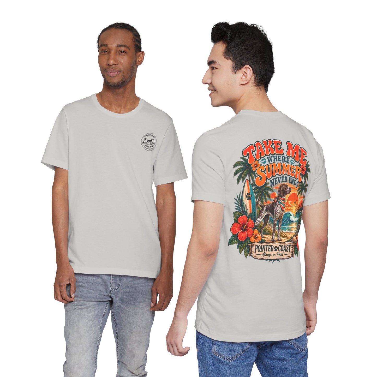 Pointer Dog Beach Graphic T Shirt, Bella Canvas 3001, Tropical Sunset, Unisex Summer Tee