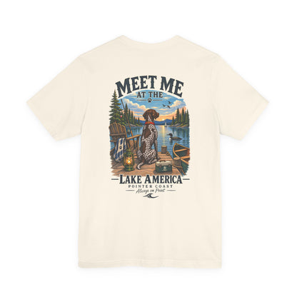 Lake America Pointer Dog T Shirt, Meet Me at the Lake, Outdoor Camp Tee, Nature Graphic Top