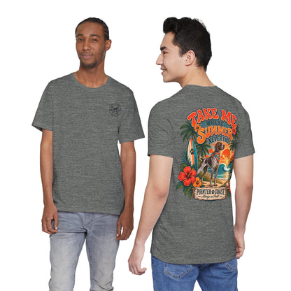 Pointer Dog Beach Graphic T Shirt, Bella Canvas 3001, Tropical Sunset, Unisex Summer Tee