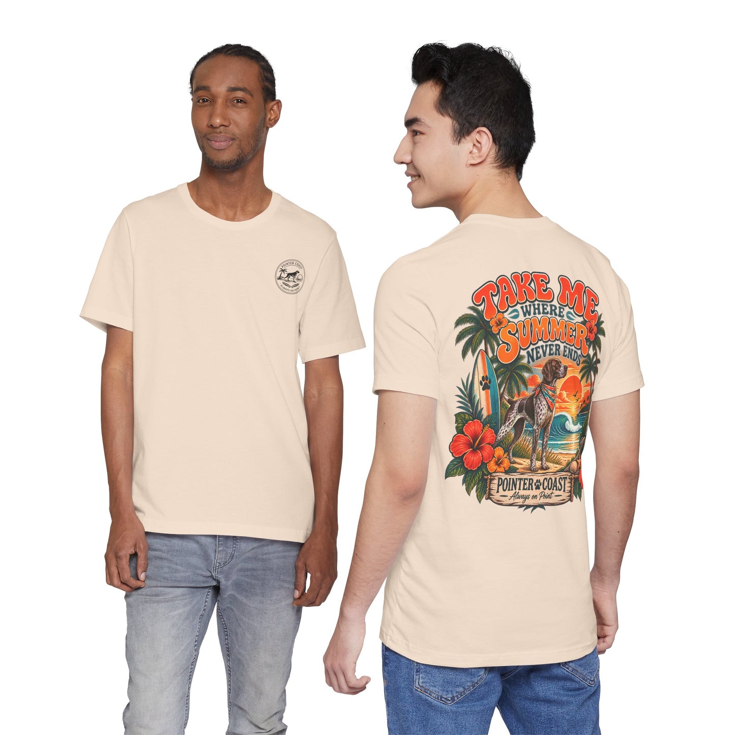 Pointer Dog Beach Graphic T Shirt, Bella Canvas 3001, Tropical Sunset, Unisex Summer Tee