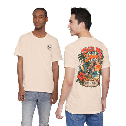 Pointer Dog Beach Graphic T Shirt, Bella Canvas 3001, Tropical Sunset, Unisex Summer Tee