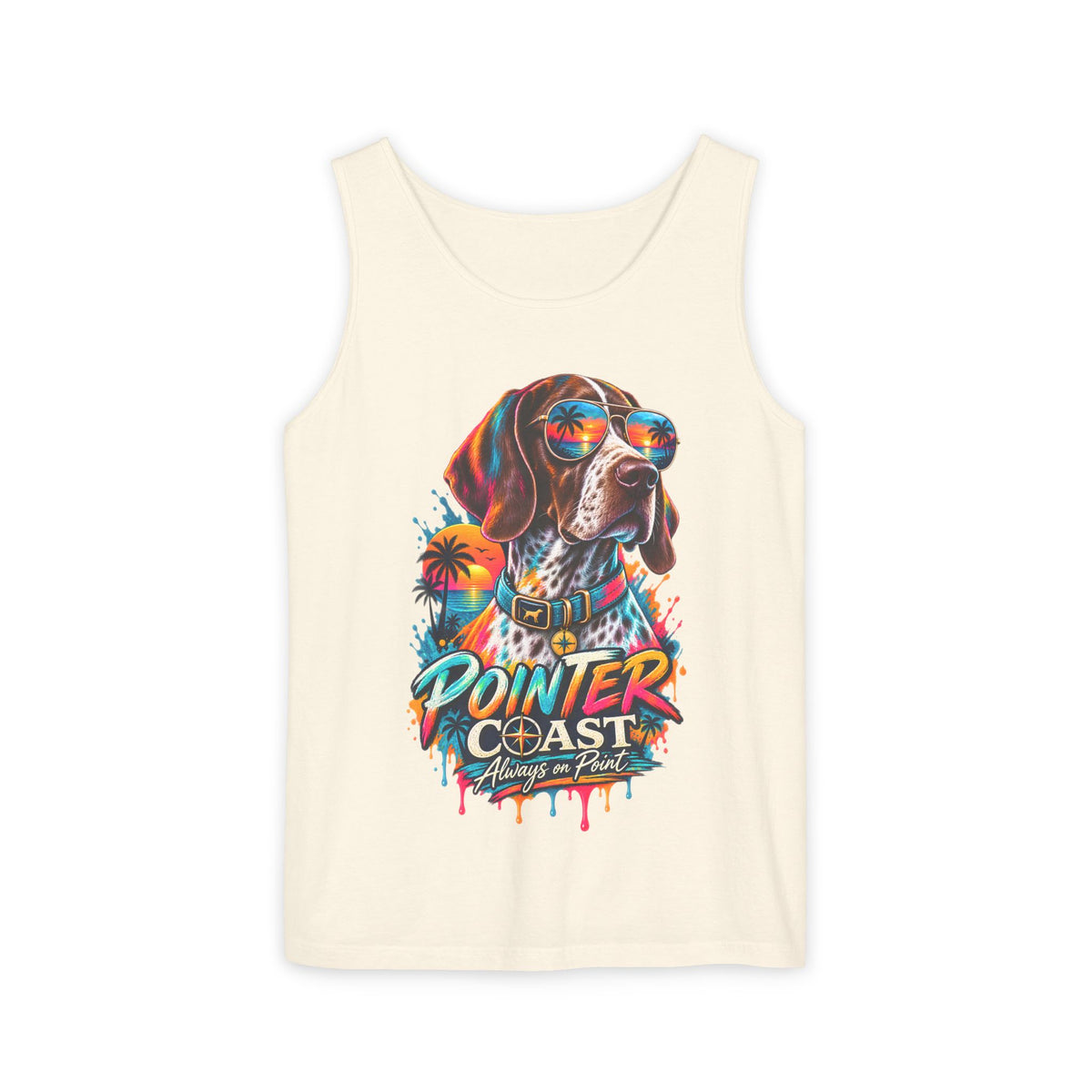Comfort Colors Pointer Coast Tank Top, Surf Dog Graphic, Tropical Sunset Shirt, Beachwear