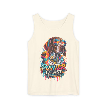 Comfort Colors Pointer Coast Tank Top, Surf Dog Graphic, Tropical Sunset Shirt, Beachwear