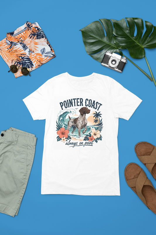 Pointer Coast Dog Graphic Tee Shirt, Bella Canvas 3001, Tropical Beach Art, Unisex Crewneck