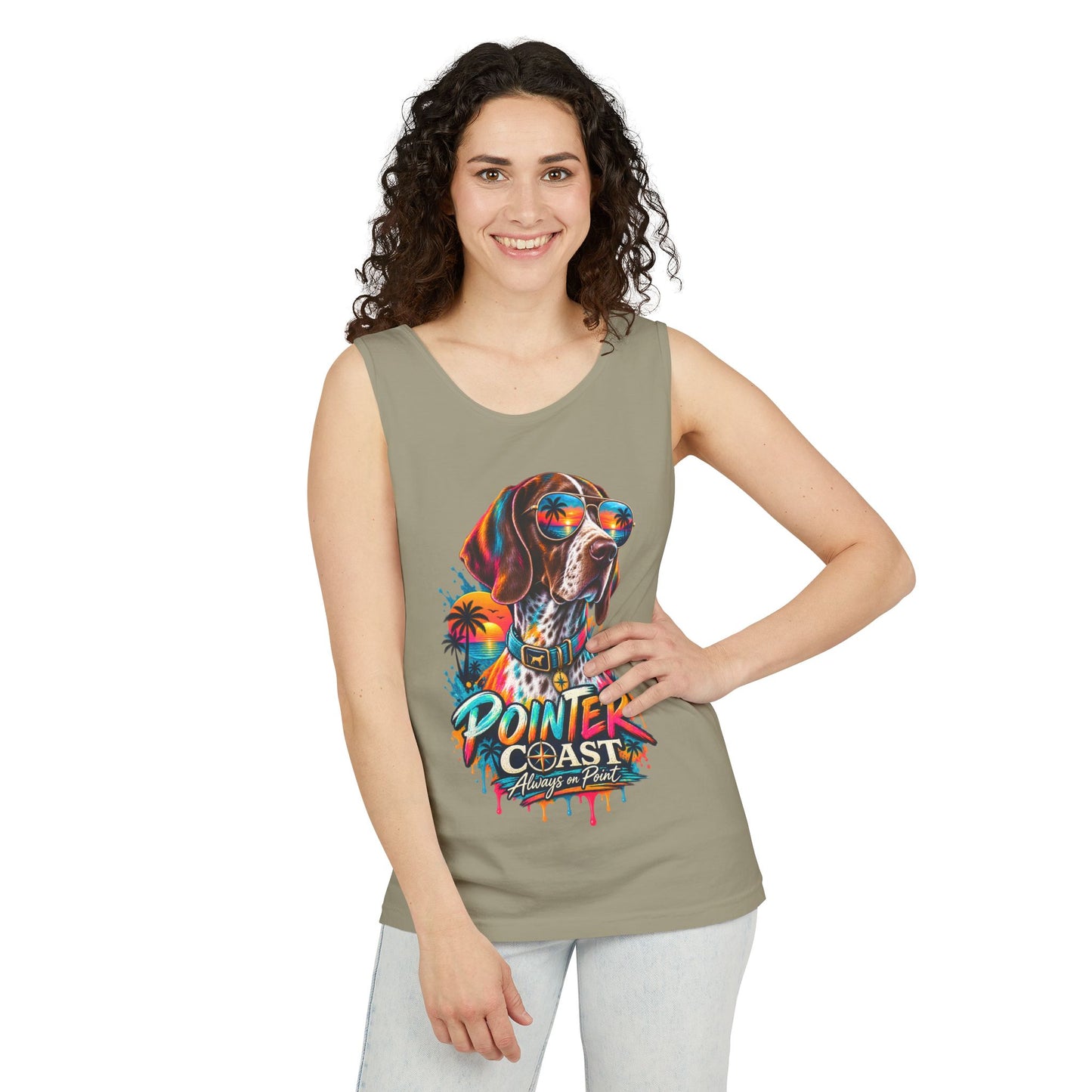Comfort Colors Pointer Coast Tank Top, Surf Dog Graphic, Tropical Sunset Shirt, Beachwear