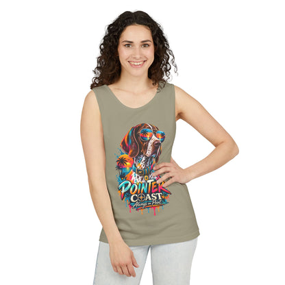 Comfort Colors Pointer Coast Tank Top, Surf Dog Graphic, Tropical Sunset Shirt, Beachwear