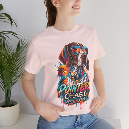 Pointer Coast Retro Dog Graphic Tee, Bella Canvas 3001, Tropical Sunset Shirt, Pet Lover Gift
