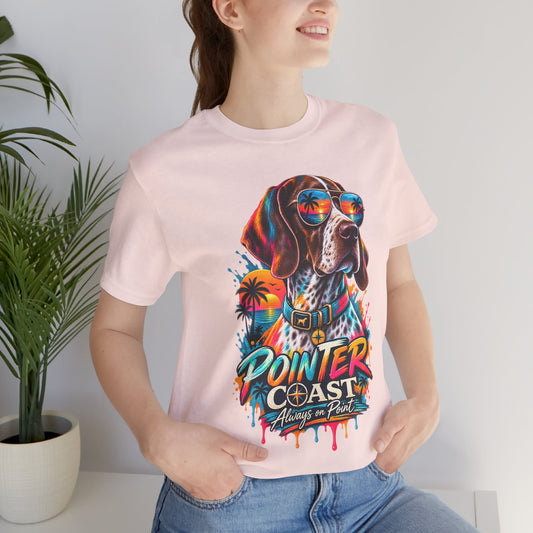 Pointer Coast Retro Dog Graphic Tee, Bella Canvas 3001, Tropical Sunset Shirt, Pet Lover Gift