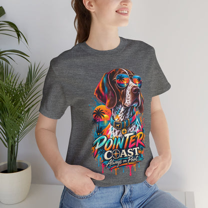Pointer Coast Retro Dog Graphic Tee, Bella Canvas 3001, Tropical Sunset Shirt, Pet Lover Gift