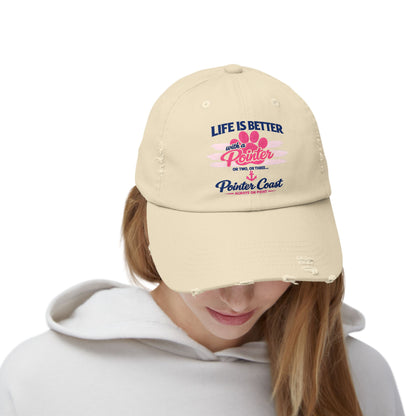 Distressed Baseball Cap – “Life Is Better with a Pointer” Pink Paw Graphic