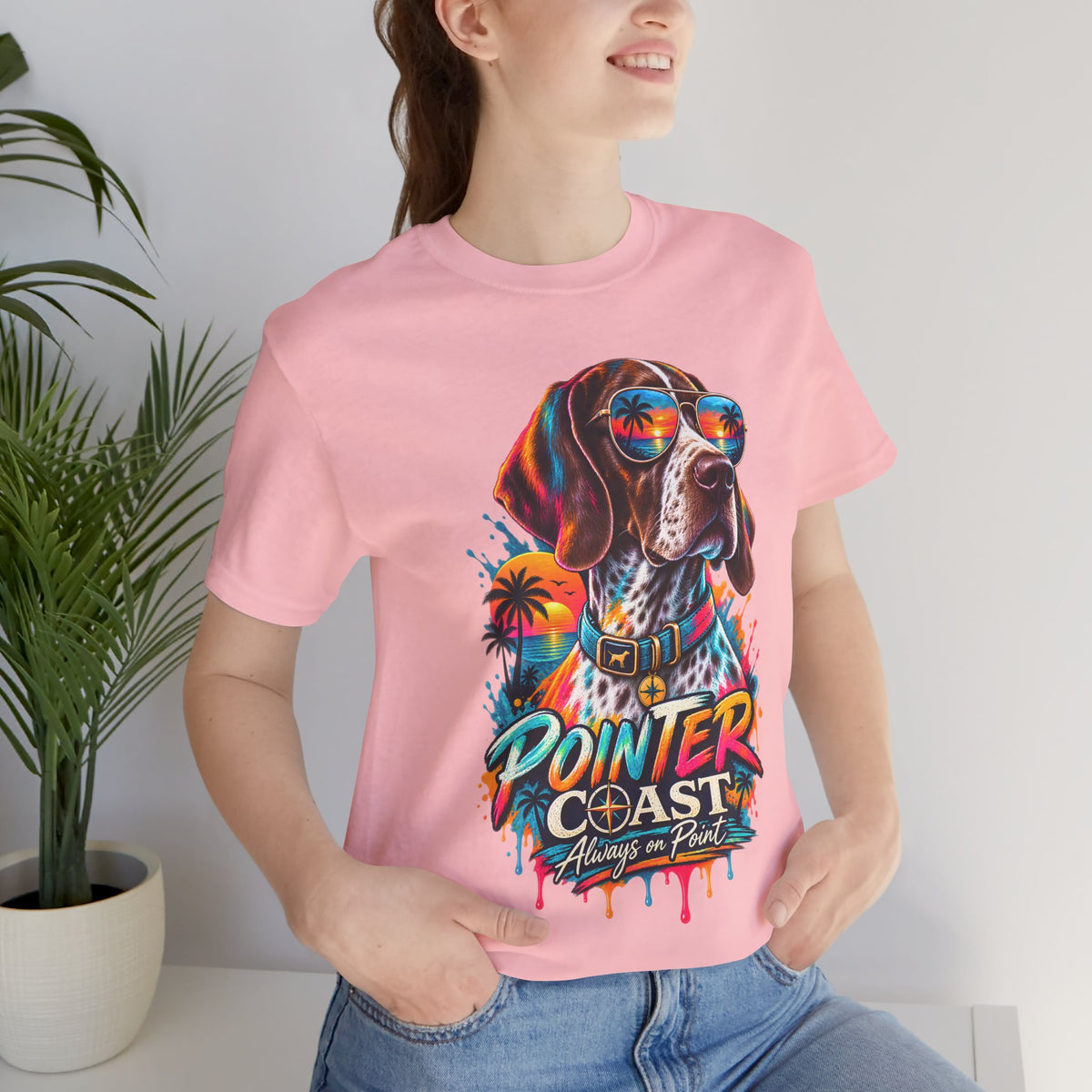 Pointer Coast Retro Dog Graphic Tee, Bella Canvas 3001, Tropical Sunset Shirt, Pet Lover Gift