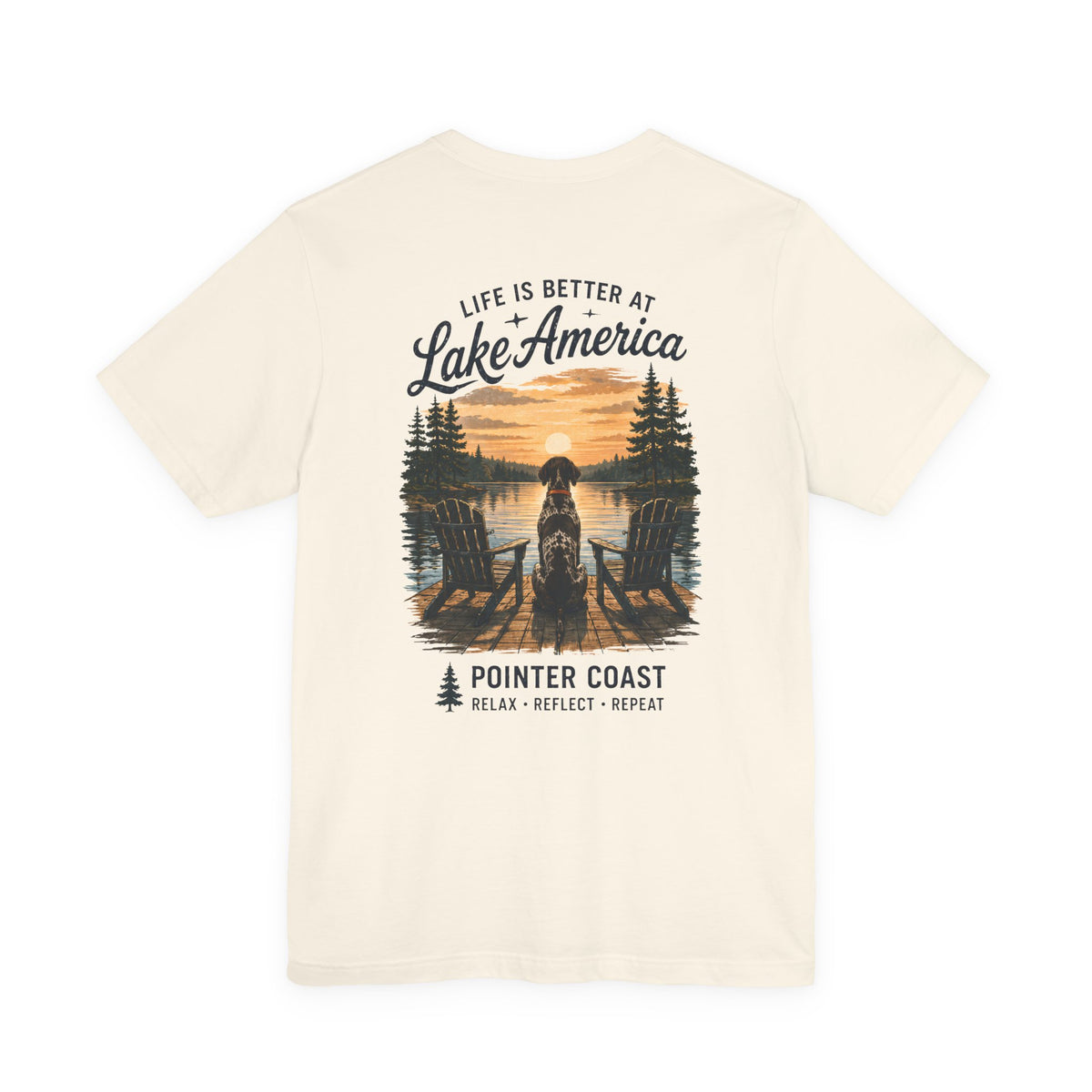 Lake America Sunset Graphic Tee, Pointer Dog Shirt, Lakeside Vacation Apparel