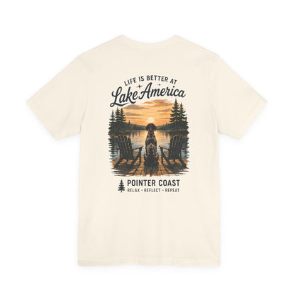 Lake America Sunset Graphic Tee, Pointer Dog Shirt, Lakeside Vacation Apparel